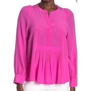 J. Crew 100% Silk Pleated Button Blouse Top‎ XS Pink Barbiecore Preppy Barbie